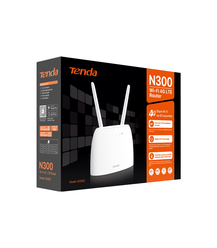 Router LTE 4G Wireless 2 x 10/100 Mbps, SIM, 802.11 b/g/n 2.4Ghz, 300Mbps - TENDA TND-4G06C