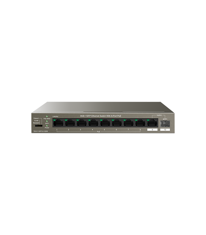 Switch 8 porturi Gigabit PoE, 1 port Uplink Gigabit, 1 port SFP Uplink Gigabit - Tenda TND-TEG1110PF-8-102W