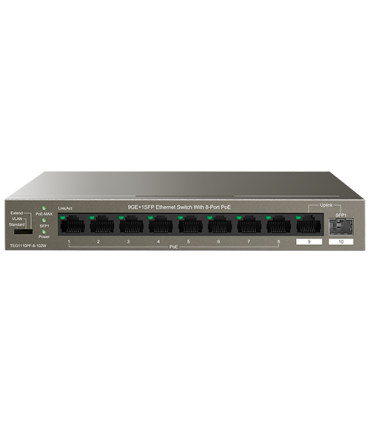 Switch 8 porturi Gigabit PoE, 1 port Uplink Gigabit, 1 port SFP Uplink Gigabit - Tenda TND-TEG1110PF-8-102W