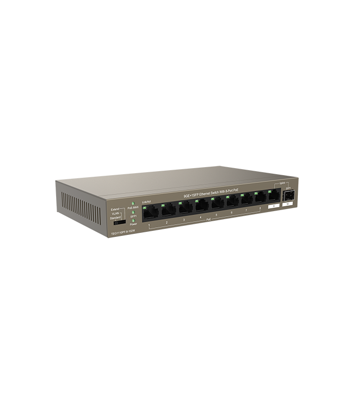 Switch 8 porturi Gigabit PoE, 1 port Uplink Gigabit, 1 port SFP Uplink Gigabit - Tenda TND-TEG1110PF-8-102W