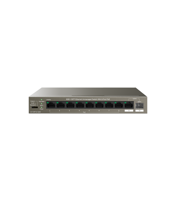 Switch 8 porturi Gigabit PoE, 1 x RJ45 Gigabit Uplink, 1 x SFP Gigabit Uplink - IP-COM G1110PF-8-102W