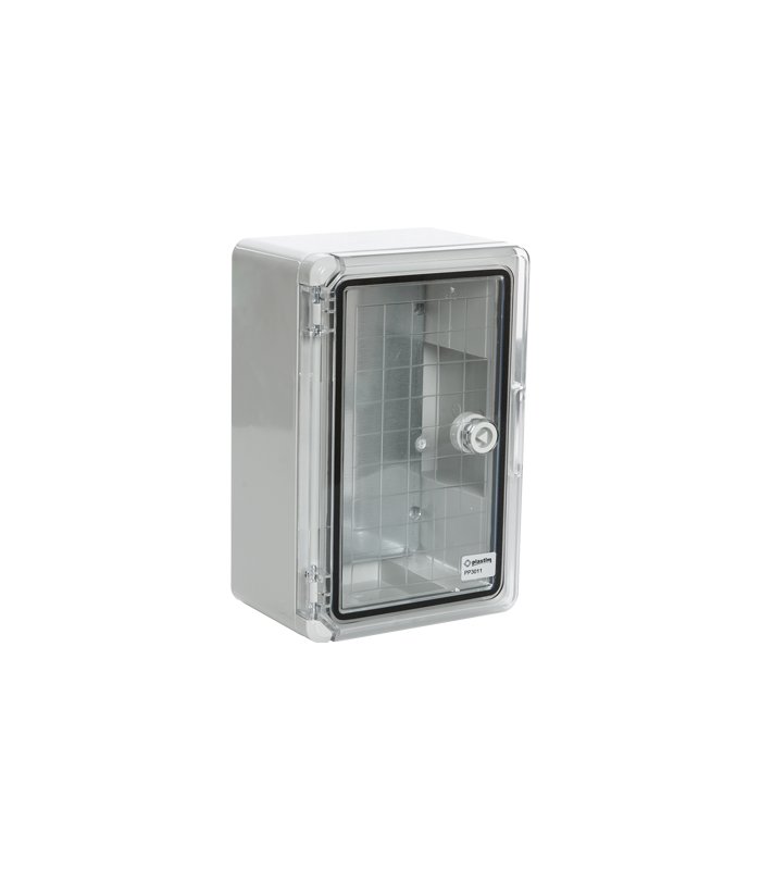 Cutie distributie IP65 din ABS gri, usa transparenta, placa metalica, 300x400x170 mm PP3014